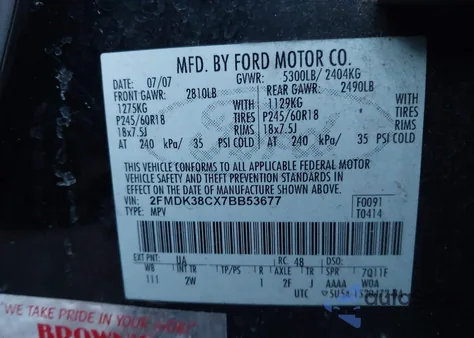 2007 Ford Edge Sel z USA, uszkodzony, nr VIN 2FMDK38CX7BB53677